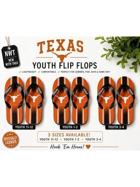 Texas Longhorns Flip Flops Youth Sizes 11-12, 1-2, 3-4 NCAA Sandals NWT